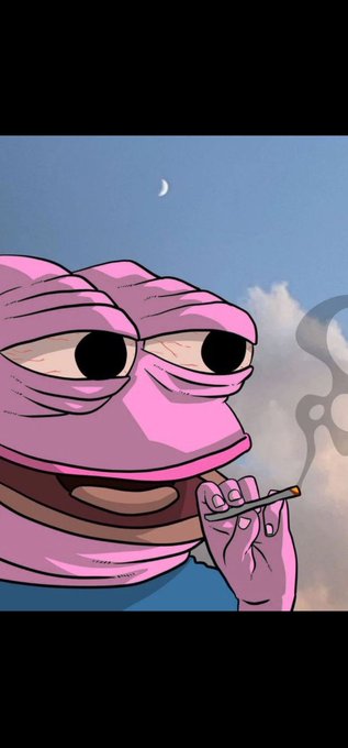 A pink cartoonish creature with large black eyes and a wide smile smokes a cigarette against a blue sky background.