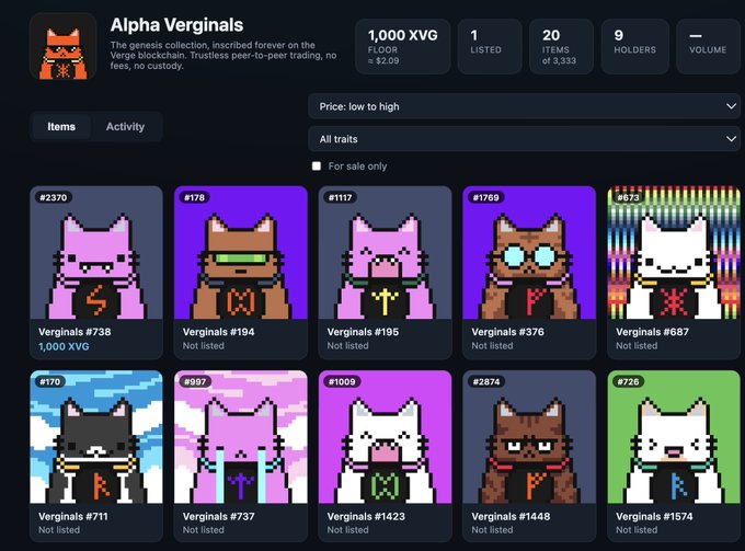A dark-themed NFT marketplace interface showing 'Alpha Verginals' collection with stats like 1,000 XVG floor price, displaying pixel-art cat character items.