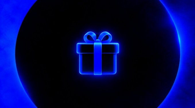 A glowing neon blue gift box icon is centered against a dark background with blue lighting, visually representing the "something coming" teased for .si holders as announced in the launchwith.si post.