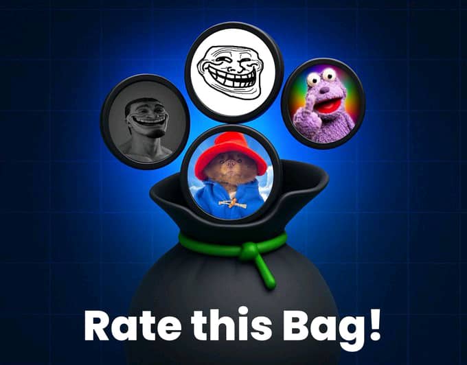 A graphic titled 'Rate this Bag!' showing a black money bag filled with meme icons including the Trollface, a colorful puppet character, a laughing man, and Paddington Bear.