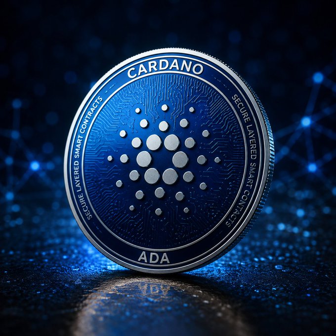 A blue Cardano (ADA) cryptocurrency coin featuring its logo and text about 'SECURE LAYERED SMART CONTRACTS' displayed against a digital blue background.