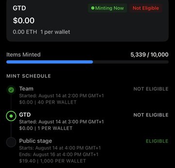 A mint schedule interface showing 'GTD' at $0.00 with 5,339/10,000 items minted, listing team and GTD phases as 'NOT ELIGIBLE' and a public stage starting August 14 at 4:00 PM GMT+1 priced at $19.40 per wallet.