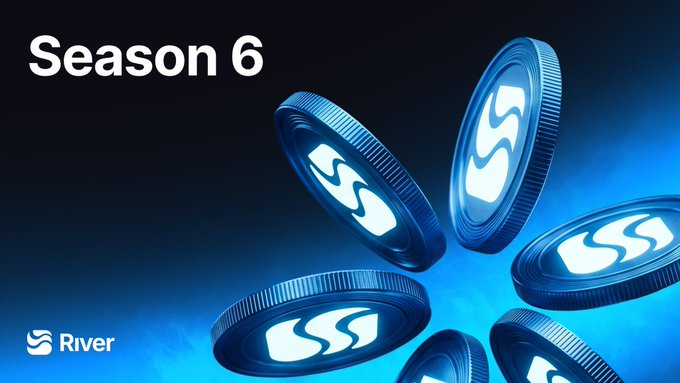 A promotional graphic for 'River' featuring the text 'Season 6' with several blue metallic coins bearing the River logo floating against a dark background.