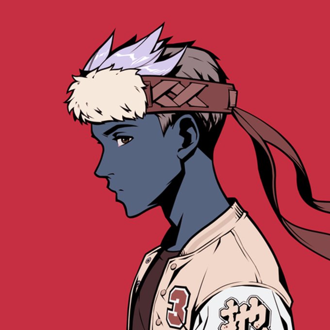 Anime-style illustration of a blue-skinned character in profile wearing a fur-trimmed headband and jacket with "3" visible, set against a red background.
