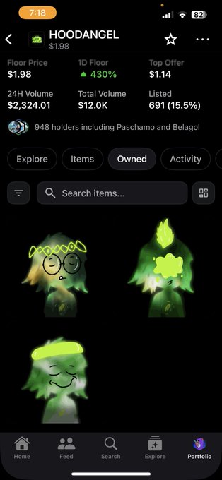 A mobile app interface displays an NFT collection called "HOODANGEL" priced at $1.98, with stats showing 948 holders including "Paschamo and Belagol," and three green ghost-like character items below.