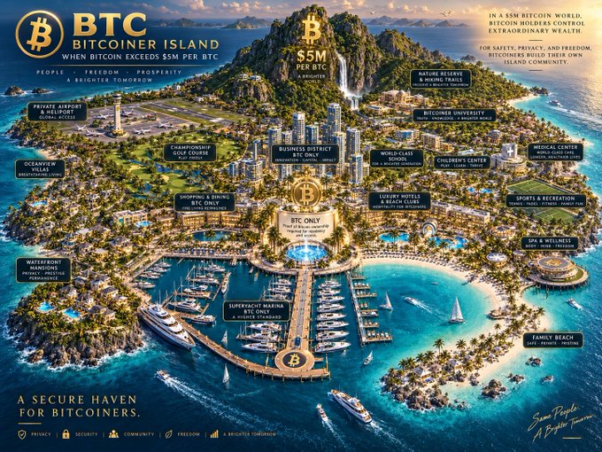 Promotional illustration for "BTC Bitcoiner Island" featuring various attractions like Bitcoin University, World-Class Schools, and a BTC-Only zone, with the tagline "A SECURE HAVEN FOR BITCOINERS."