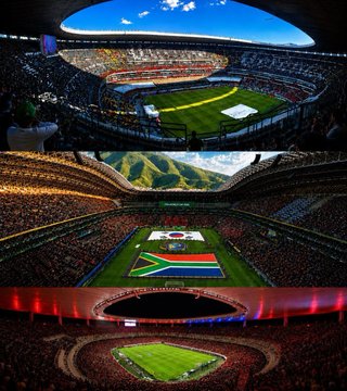 A collage of four large stadiums filled with crowds under bright skies, showcasing sports and concert events in massive open-air venues.