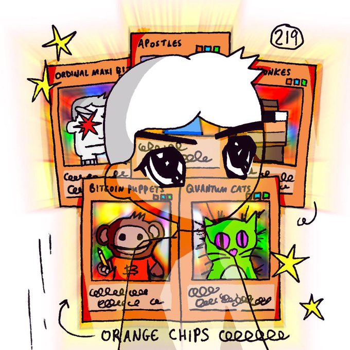 A cartoon-style illustration featuring a white-haired character with an annoyed expression overlaid on trading card designs labeled 'Bitcoin Puppets' and 'Quantum Cats', with text reading 'ORDINAL MAKI', 'APOSTLES', 'MONKES', and 'ORANGE CHIPS' and the number '219'.