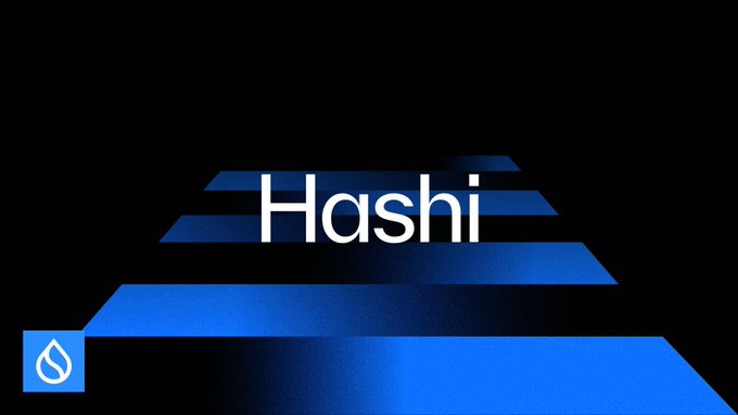 The image displays the "Hashi" logo in white text against a black background with blue geometric shapes, along with the Sui (water drop) logo in the bottom left corner, visually representing the Hashi Bitcoin-backed lending product mentioned in the post.