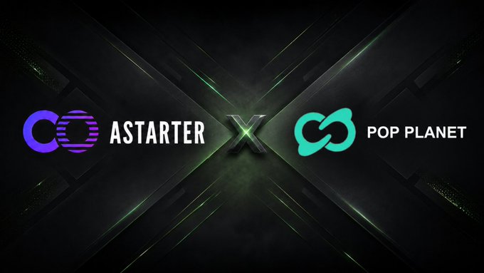 A sleek partnership announcement graphic featuring the Astarter logo on the left and Pop Planet logo on the right, separated by a glowing "X" symbol against a dark, futuristic background with green accents, representing the strategic collaboration between Astarter and Pop Planet.