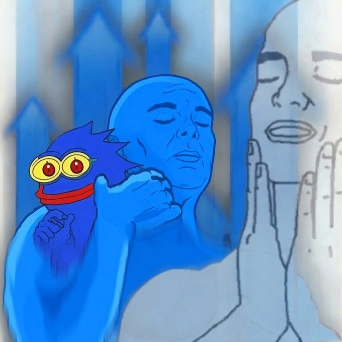 Artistic blue-toned illustration featuring a blue humanoid figure with closed eyes accompanied by a small blue creature with large yellow-red eyes, set against upward blue arrows with a sketch-like figure in the background.