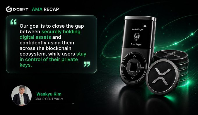 A D'CENT AMA Recap graphic featuring a quote about digital asset security by Wankyu Kim (CBO, D'CENT Wallet), with a product image of a fingerprint-secured hardware wallet and XRP coins.