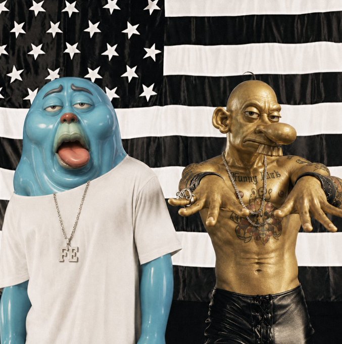 Two characters with oversized cartoonish heads—one blue wearing an 'FE' chain and white t-shirt, the other gold with tattoos—posing in front of a black and white American flag backdrop.