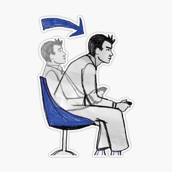 A simple illustration depicts a person in grayscale seated on a blue chair, with a blue arrow showing them sliding backward into a better sitting posture.