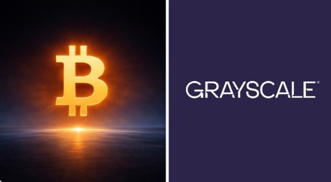 The image shows a side-by-side graphic featuring a glowing orange Bitcoin symbol on a dark background with a reflective horizon on the left, and the "GRAYSCALE" logo in white text on a dark blue background on the right. The visual reinforces the accompanying post about Grayscale's analysis of Bitcoin adoption, with the Bitcoin symbol and Grayscale branding directly representing the firm's perspective on the three major forces driving accelerated crypto adoption—fiscal concerns, blockchain integration via stablecoins, and generational investment shifts.