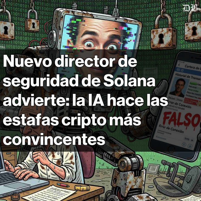 An illustrated graphic with Spanish text reading 'Nuevo director de seguridad de Solana advierte: la IA hace las estafas cripto más convincentes', showing a robot head on a TV, padlocks, and a smartphone displaying a 'FALSO' (fake) transaction alert.