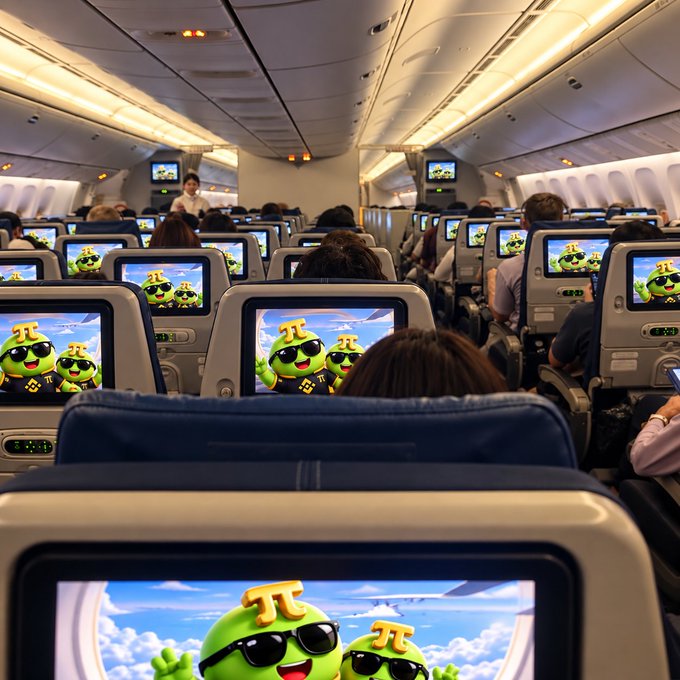 The interior of an airplane cabin where every seatback screen displays an identical image of two green cartoon characters with pi (π) symbols wearing sunglasses.