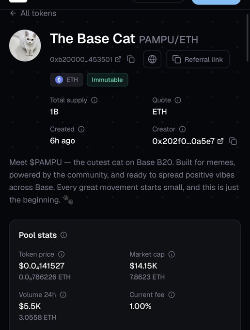 A token page for "The Base Cat" ($PAMPU/ETH) on Base blockchain shows a $14.15K market cap at a token price of $0.0141527, with 1B total supply and $5.5K 24h volume—supporting the post's claim of the token reaching a $14K market cap with 3.5x growth from its initial valuation.