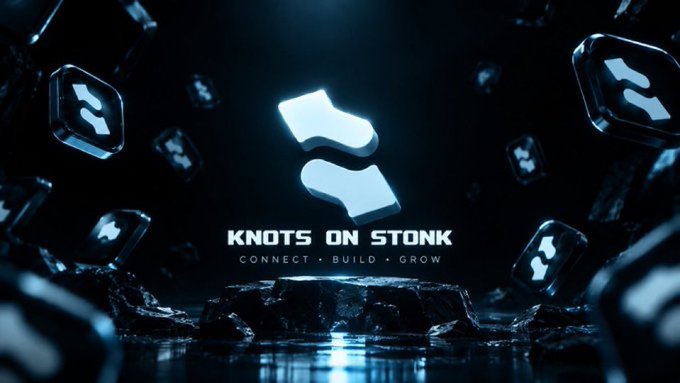 A digital promotional graphic with a dark, futuristic aesthetic displaying 'KNOTS ON STONK' with the tagline 'CONNECT • BUILD • GROW' and a stylized logo.