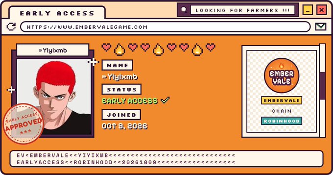 An 'Early Access' digital certificate for the game Embervale (embervalegame.com) on the Robinhood chain, granted to user YIYIXMB on Oct 8, 2025, featuring a red-haired animated character portrait.