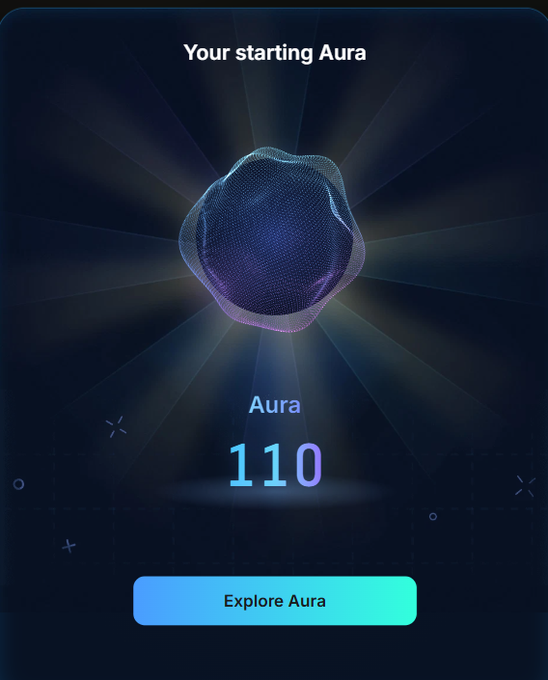 A digital interface displays 'Your starting Aura' with a value of '110' and a button labeled 'Explore Aura' below a glowing orb.