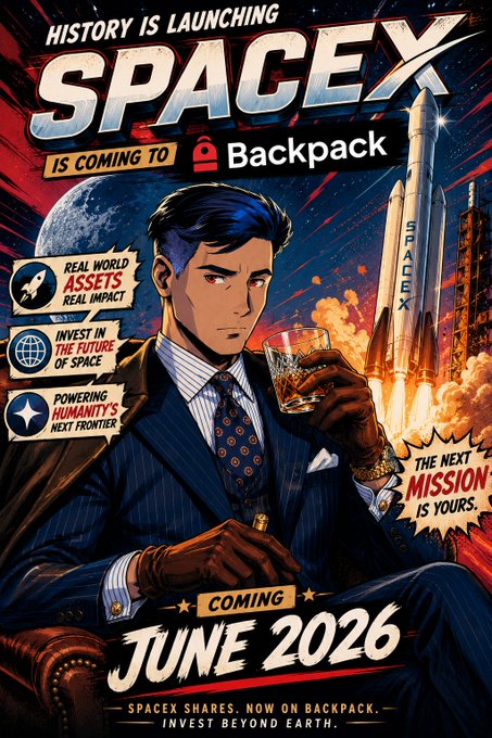 The image features a man dressed in a suit, holding a glass of wine while sitting down. He appears to be reading a comic book or magazine with a space theme. The background shows a rocket ship flying through space, indicating that this scene is set in outer space. The caption at the bottom of the image reads "@MadLads x @Backpack". This suggests that the man might be promoting a product related to space exploration or adventure.