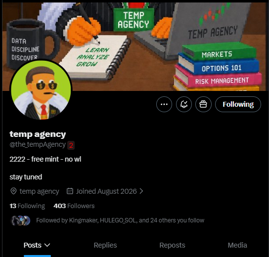 Twitter/X profile page for 'temp agency' (@the_tempAgency) showing pixel art imagery of financial themes with books labeled 'MARKETS', 'OPTIONS 101', and 'RISK MANAGEMENT'.