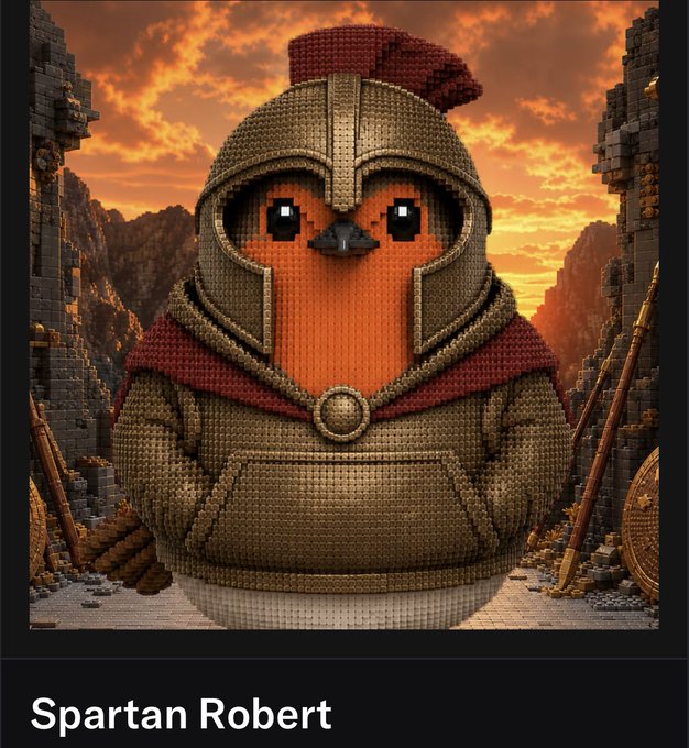 A pixel-art style image of an orange bird wearing Spartan armor with a red plume helmet, captioned 'Spartan Robert' at the bottom, set against a sunset ruin backdrop.