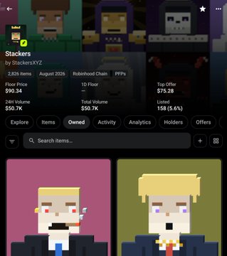 The image shows a dashboard for the "Stackers" NFT collection by StackersXYZ, featuring pixel-art character avatars with details like an August 2026 Robinhood Chain release, a floor price of $90.34, top offer of $75.28, and 158 tokens listed (5.5% listed). It visually reinforces the post's claim of being "up 2x" on the StackersXYZ NFT and $STACK token by displaying the collection's current market metrics and ownership.