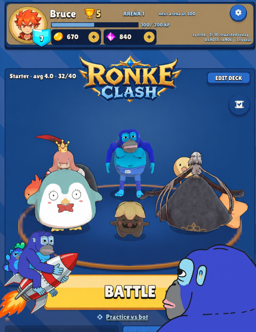 The main menu screen of a mobile game titled "RONKE CLASH" shows a user profile named "Bruce" and a roster of cartoon characters above a "BATTLE" button.