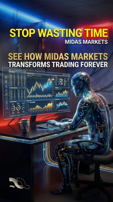 A futuristic humanoid figure sits at a glowing trading desk analyzing multiple financial charts on a monitor, with bold text reading "STOP WASTING TIME - MIDAS MARKETS" and "SEE HOW MIDAS MARKETS TRANSFORMS TRADING FOREVER" overhead, visually reinforcing the post's theme of moving beyond superficial market dashboards toward transparent, traceable trading analysis.