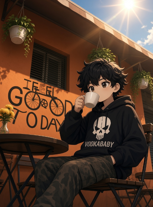 An anime-style illustration of a young man in a black "VODKABABY" hoodie drinking coffee at an outdoor café, with wall art reading "FEEL GOOD TO DAY."