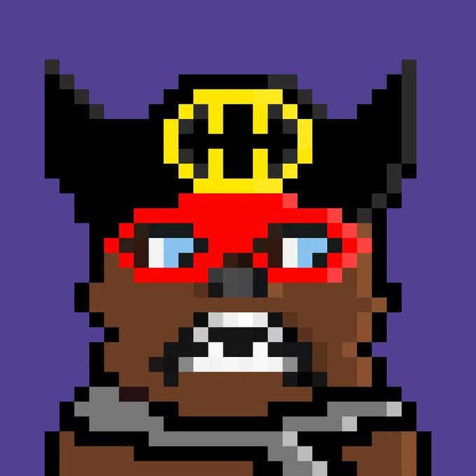Pixel art character with dark skin, red mask, and a golden crown with a cross symbol against a purple background.