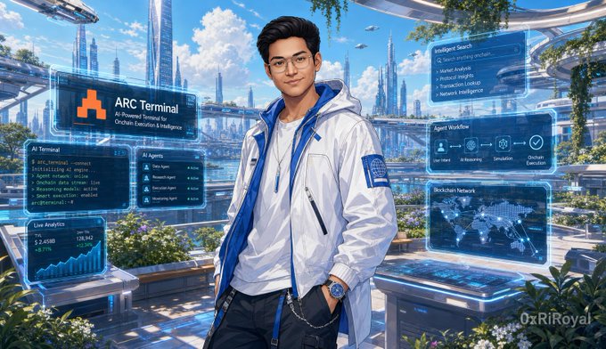 An AI-generated image shows a young man in a white and blue jacket standing in a futuristic city with holographic interfaces displaying 'ARC Terminal' and 'AI Agents', watermarked 'OxRiRoyal'.