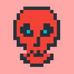 A small pixel art illustration of a red skull with glowing blue eyes set against a light pink background.