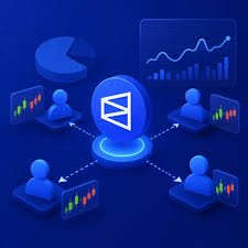 An isometric digital illustration against a dark blue background, featuring a central token/coin icon with a play-button symbol, surrounded by trader avatars at computers displaying candlestick charts, pie charts, and data graphs—evoking a decentralized prediction market network. The accompanying post highlights how the edge lies in understanding the market early, with the image visually representing the Polymarket Perps platform's real-time market transparency and directional trading capabilities.
