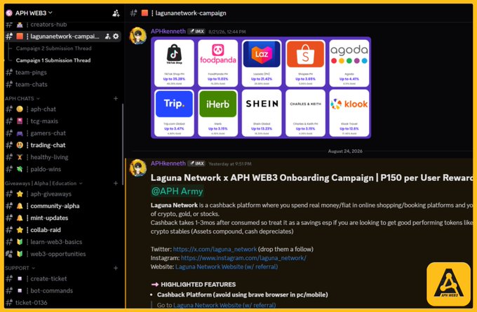 A screenshot of an APH Web3 Discord server displays the #lagunanetwork-campai channel where user "APH-kenneth" announces a Laguna Network onboarding campaign offering P150 per user cashback reward through shopping and booking platforms like Shopee, TikTok Shop, Agoda, Trip.com, and Klook. The post includes a promotional graphic showing various merchant logos with cashback percentages and links to Laguna Network's social media.