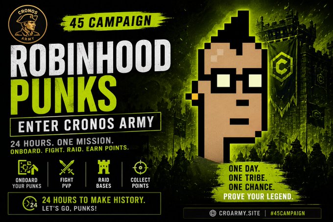 An advertisement for 'ROBINHOOD PUNKS' campaign shows a pixelated character against a green army background, promoting '45 CAMPAIGN' with calls to 'ONBOARD YOUR PUNKS', 'FIGHT PVP', 'RAID BASES', and 'COLLECT POINTS'.