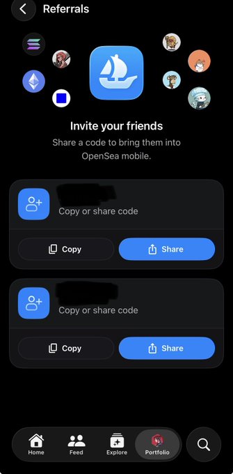 The Referrals page on the OpenSea mobile app featuring the text 'Invite your friends, Share a code to bring them into OpenSea mobile' with copy and share buttons for two referral codes.