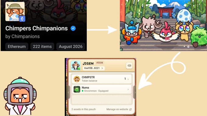 Promotional graphic for the 'Chimpers Chimpanions' NFT collection by Chimpanions on Ethereum, showing 222 items dated August 2026, alongside character artwork and a screenshot of a user profile named 'J!GEN' (#5336) holding a CHMPSTR token and an equipped Numa common item.