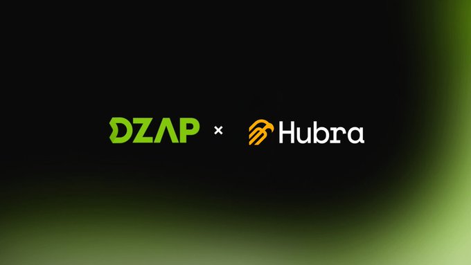 A digital graphic on a dark background with green accents, featuring the logos and names 'DZAP' and 'Hubra' separated by a multiplication sign.