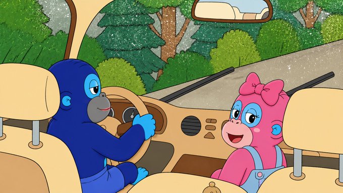 A cartoon scene showing a blue gorilla and a pink monkey/bear character with a bow sitting inside a car, with the blue character driving through a forested area.