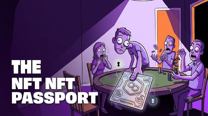 A purple-toned cartoon illustration showing startled characters at a poker table looking at a large 'NFT Passport' featuring a 'Rally OnChain' badge, with text reading 'THE NFT NFT PASSPORT'.