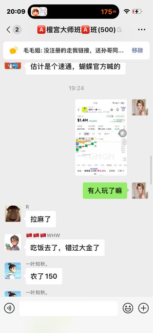A screenshot of a Chinese chat app showing a group conversation (禮宮大师坊 / 班 (500)) discussing tokens/cryptocurrency, with messages mentioning '毛毛姐', '蝴蝶官方', and references to $MGN token with a trading chart.