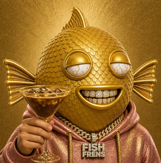 A character wearing a golden fish mask and a pink hoodie with a diamond-encrusted 'FISH FRENS' necklace, holding a martini glass against a textured gold background.