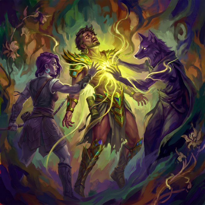 A fantasy illustration depicts a woman with purple hair using magic on an armored warrior, with a shadowy, glowing-eyed wolf creature looming behind.