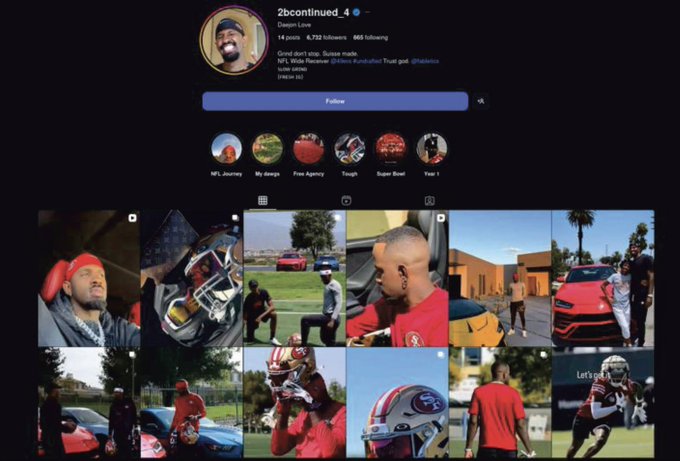 The image shows the Instagram profile of "2bcontinued_4" (Devon Love) with 6,732 followers and 865 following, featuring a grid of photos depicting luxury cars, football gear, and street scenes with a man in red clothing. The caption highlights the contrast between his flashy lifestyle imagery and the post's message that scammers in crypto can make $1.3 million in just 5 minutes, suggesting his visible wealth may be tied to the same kind of fraud mentioned in the quote.