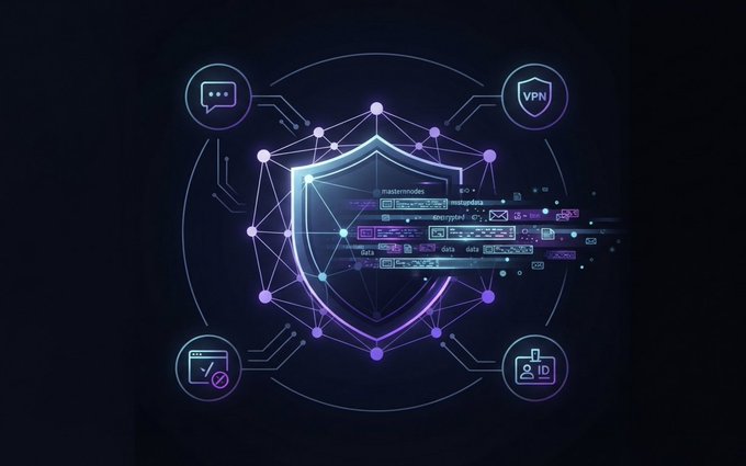 A digital illustration showing a glowing purple and blue shield icon at the center, surrounded by circuit-like network nodes with icons for chat, VPN, web access, and ID verification, symbolizing cybersecurity and data protection.