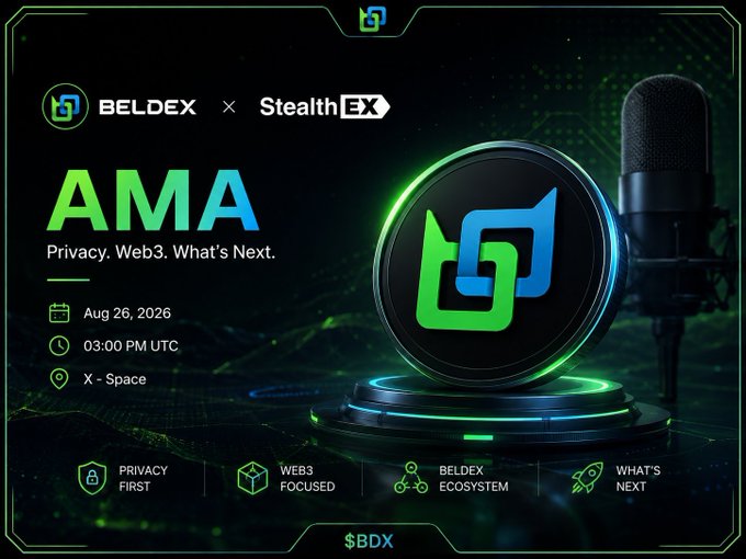 A promotional graphic for an AMA event with the logos 'BELDEX' and 'StealthEX', featuring a microphone and coin design, with text 'Privacy. Web3. What's Next.', 'Aug 26, 2026', '03:00 PM UTC', and 'X-Space'.