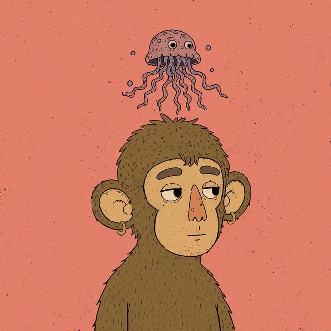 A cartoon illustration shows a stoic-looking monkey with a pink jellyfish floating above its head against a coral-pink background, likely representing the surreal and quirky aesthetic of an Unusual NFT collectible celebrating a first acquisition.